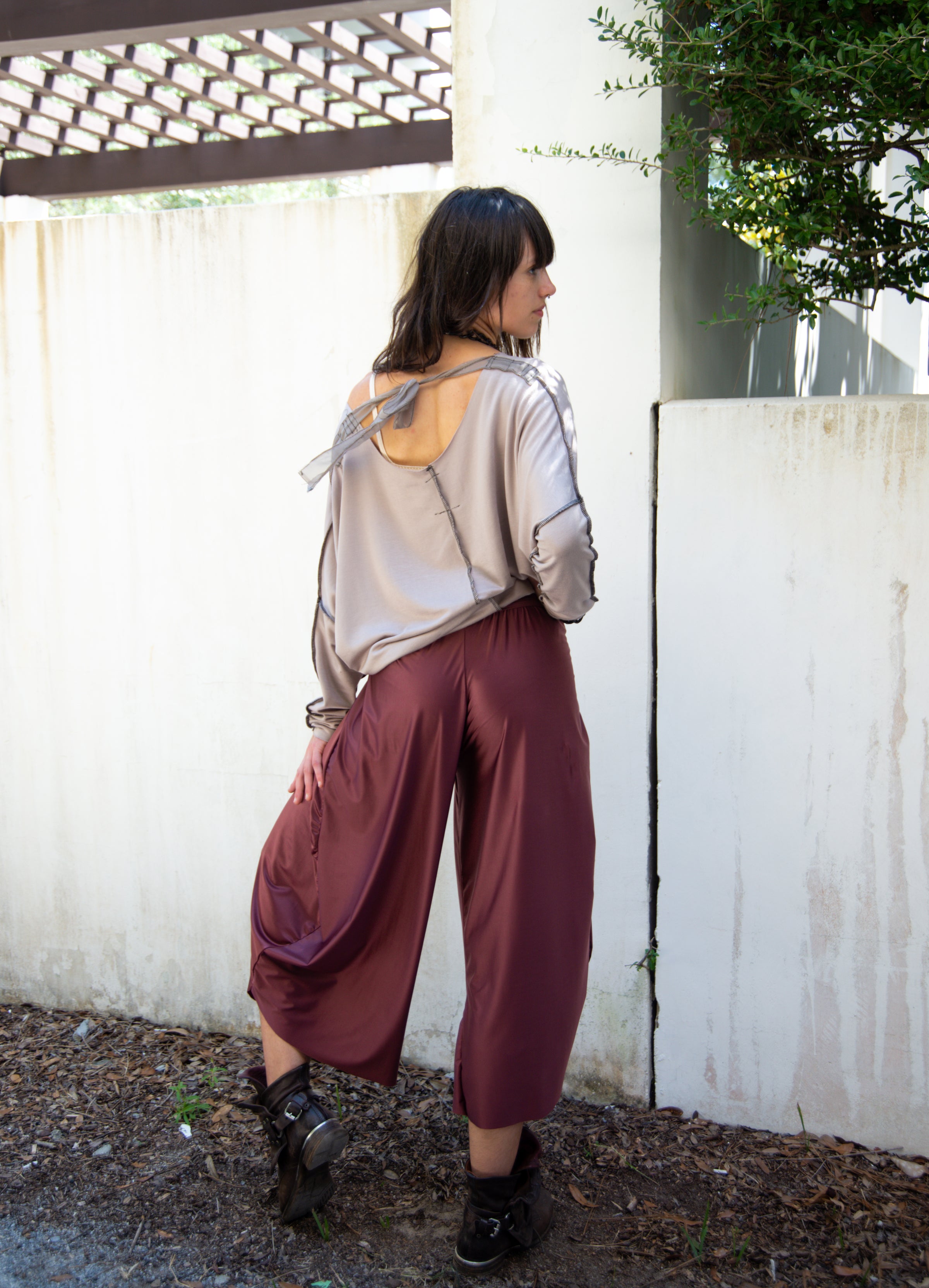 slit pants in aubergine pinstripe | Nicole Paloma Original