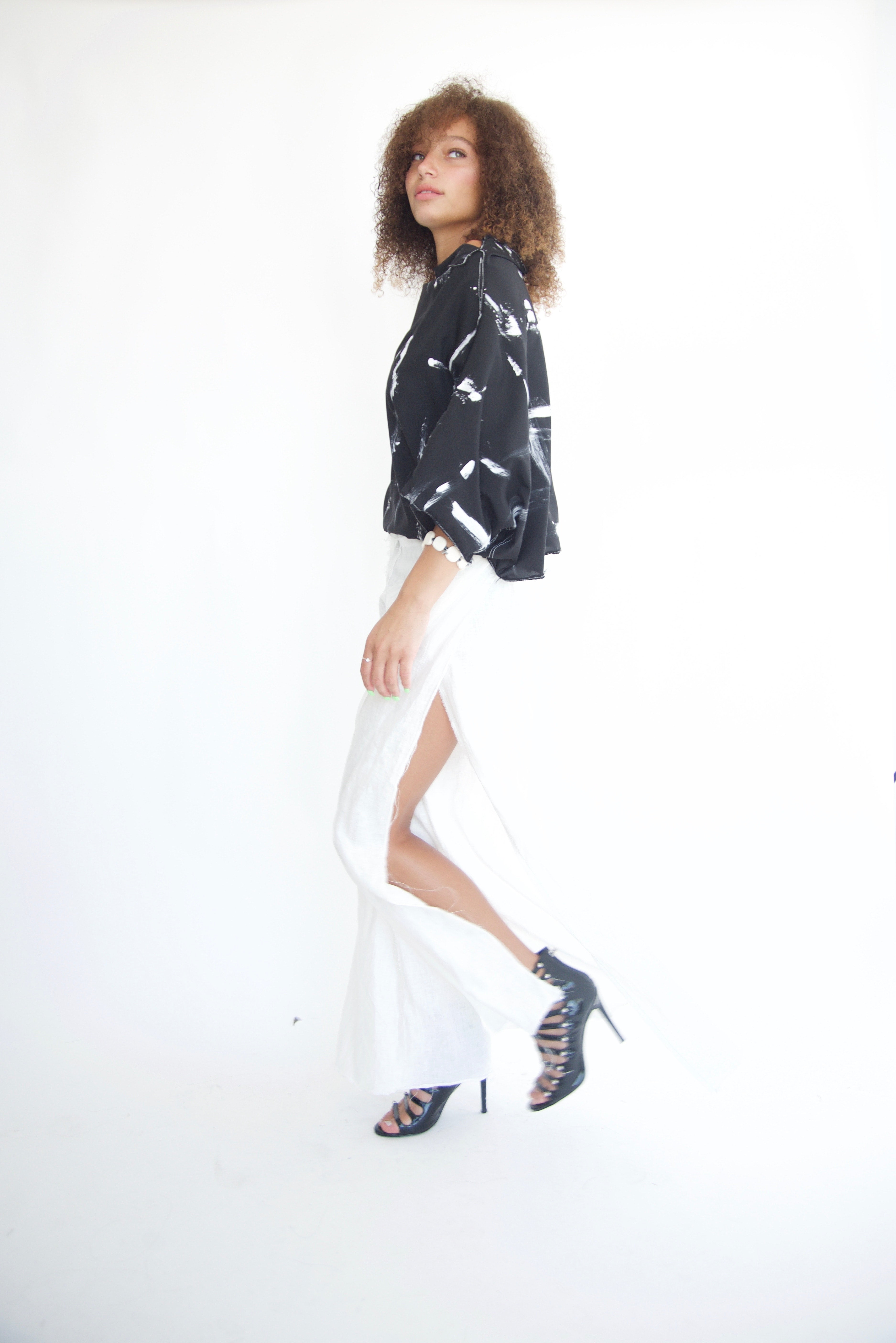 slit pants in white linen | Nicole Paloma Original Handsewn Designs